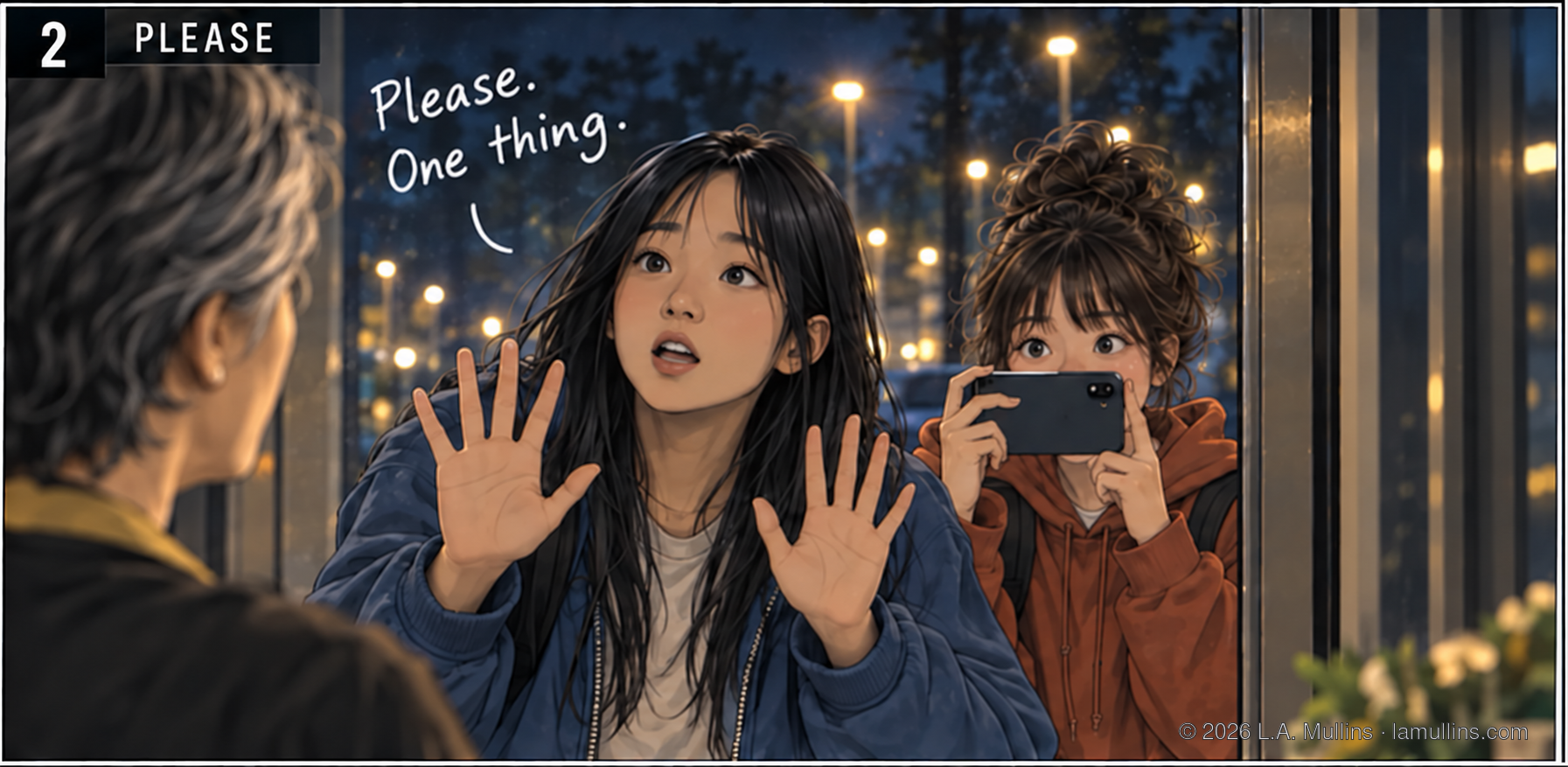 The taller girl presses both hands to the glass and mouths, “Please. One thing.” The shorter girl films her on a phone.