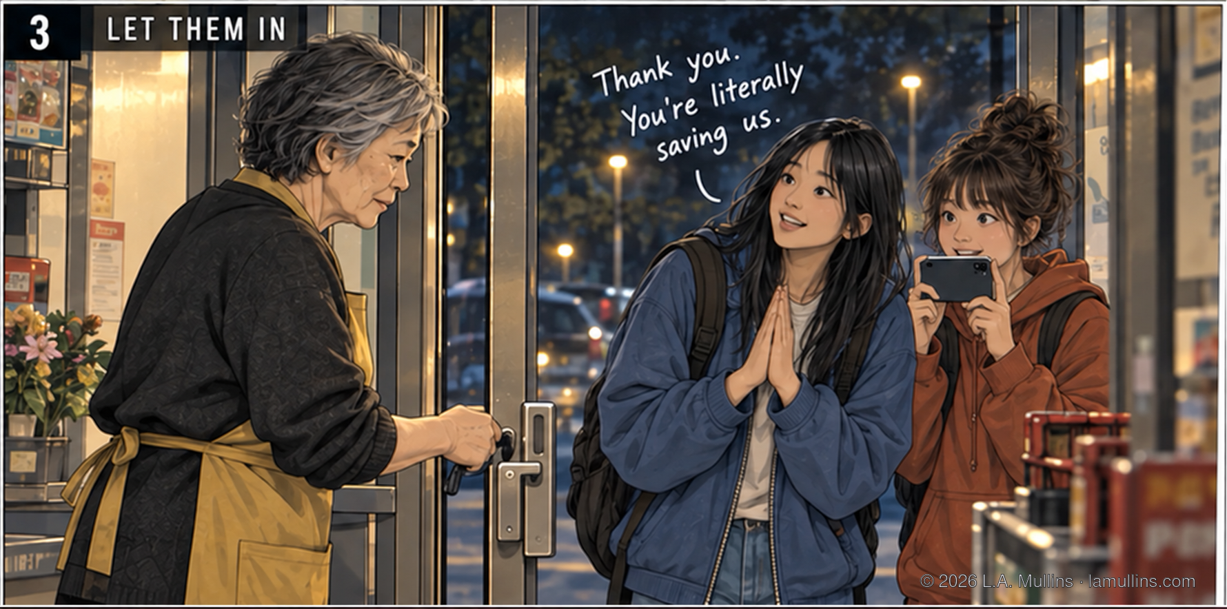 Mina unlocks the door for the two girls. The taller girl thanks her and says, “You’re literally saving us.”