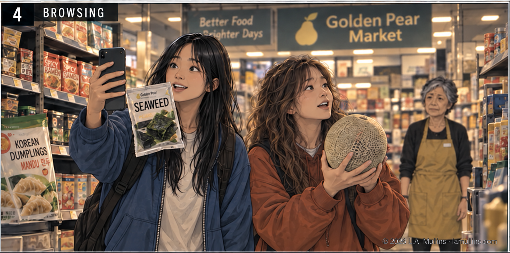 The girls browse Golden Pear Market, holding up packaged food and a melon while Mina watches from several steps away.