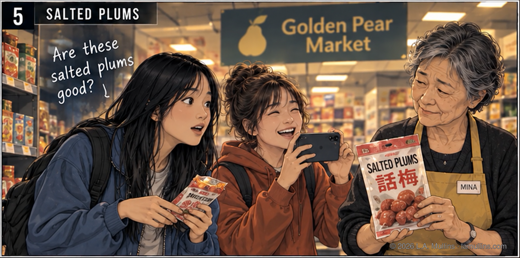 At the salted-plum display, the girls laugh while Mina holds a bag of salted plums and smiles with them.