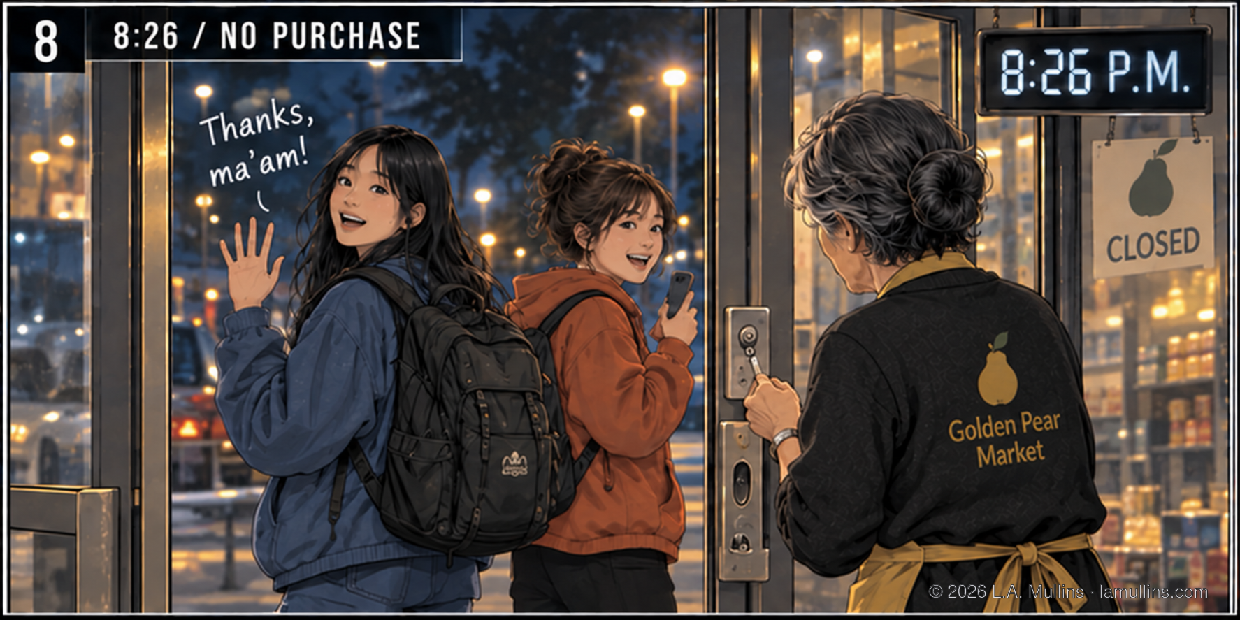 At 8:26 p.m., the girls leave Golden Pear Market with backpacks on; one waves and says, “Thanks, ma’am.”