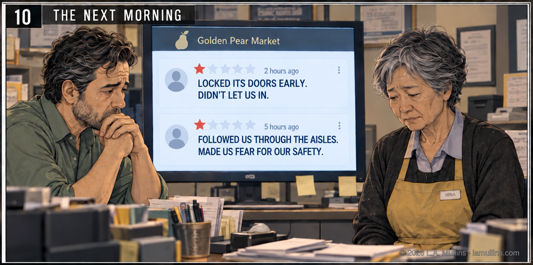 Mr. Vale and Mina sit beside a monitor showing two one-star reviews: “LOCKED ITS DOORS EARLY. DIDN’T LET US IN.” and “FOLLOWED US THROUGH THE AISLES. MADE US FEAR FOR OUR SAFETY.”