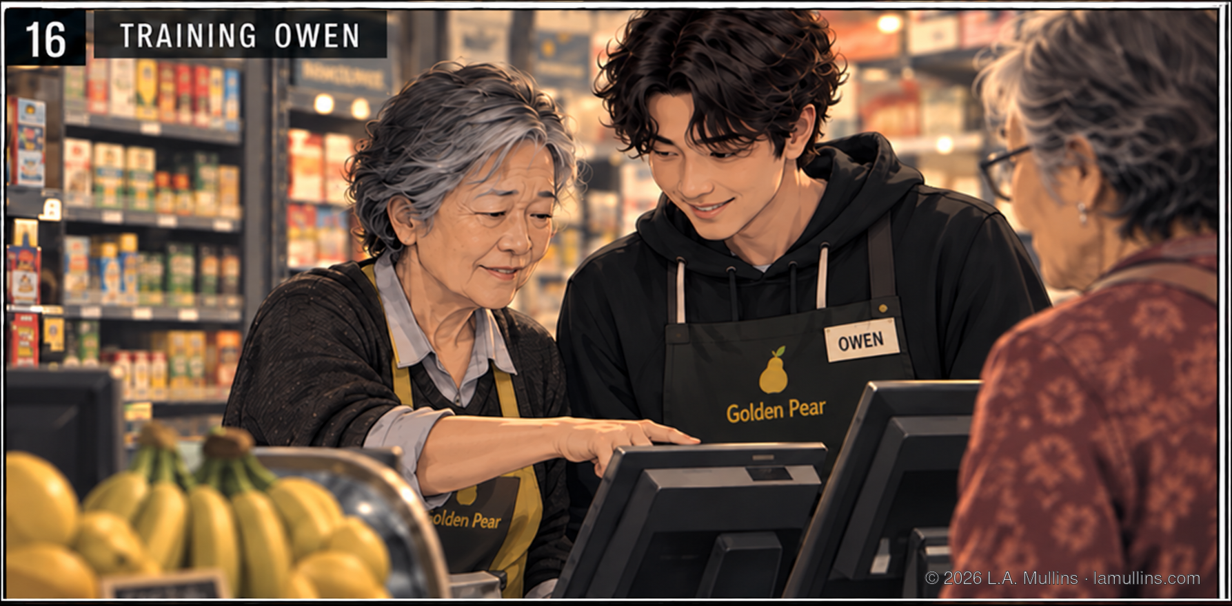 At the register, Mina leans beside Owen and points out something on the counter while an older customer waits across from them.