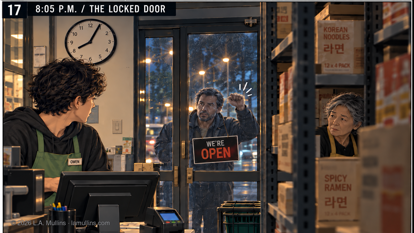 At 8:05 p.m., a man waits outside Golden Pear Market’s locked glass door while Owen looks from the register and Mina watches from behind shelves of boxed noodles.
